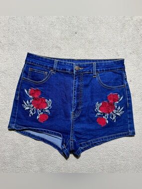 Litz Shorts Womens Large Blue Denim Rose Embroidery High Rise Festival Summer